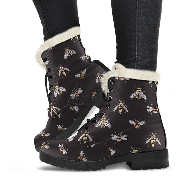 Golden Bee, Vintage Charm Print Comfy Faux Fur Boots For Winter Season