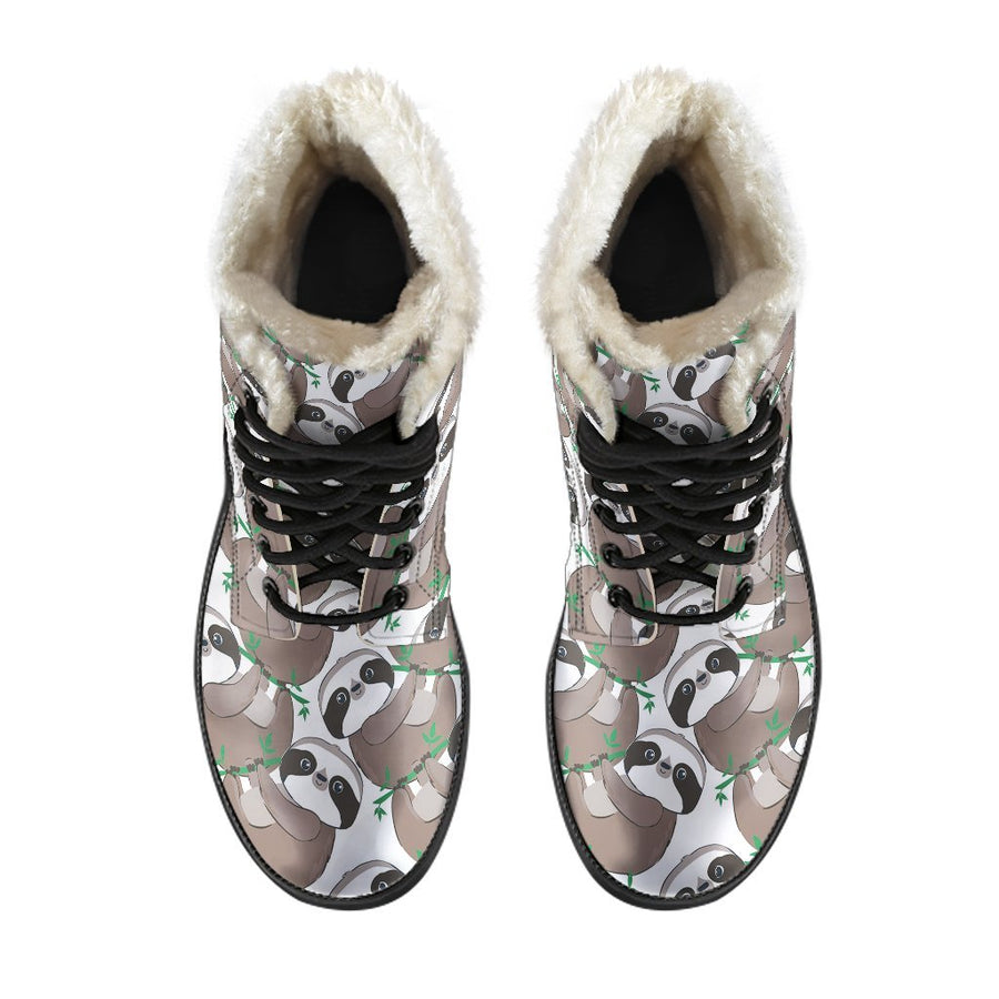 Kawaii Brown Sloth, Vintage Vibes Print Comfy Faux Fur Boots For Holiday Season