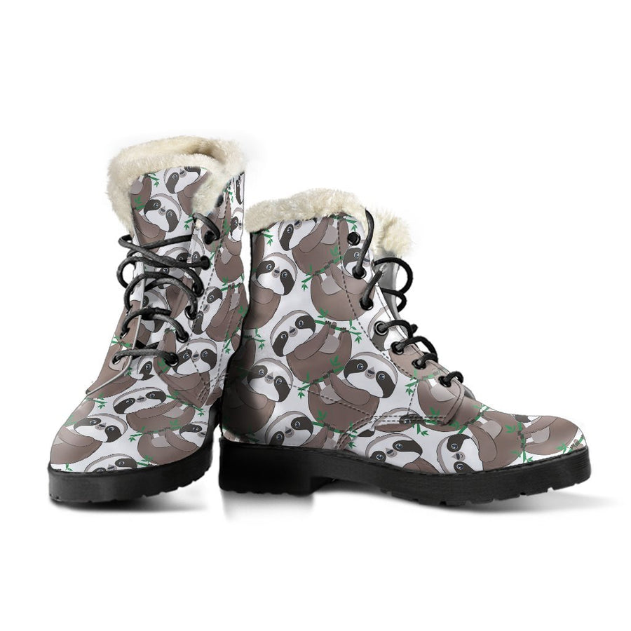 Kawaii Brown Sloth, Vintage Vibes Print Comfy Faux Fur Boots For Holiday Season