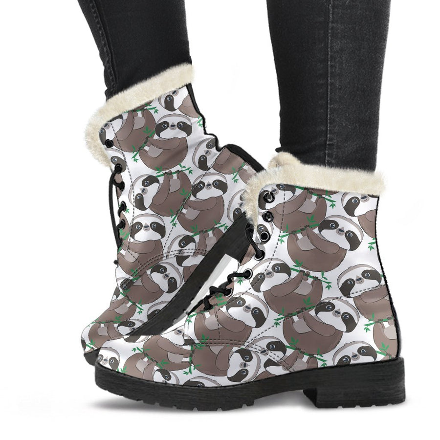 Kawaii Brown Sloth, Vintage Vibes Print Comfy Faux Fur Boots For Holiday Season
