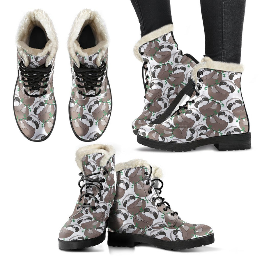 Kawaii Brown Sloth, Vintage Vibes Print Comfy Faux Fur Boots For Holiday Season