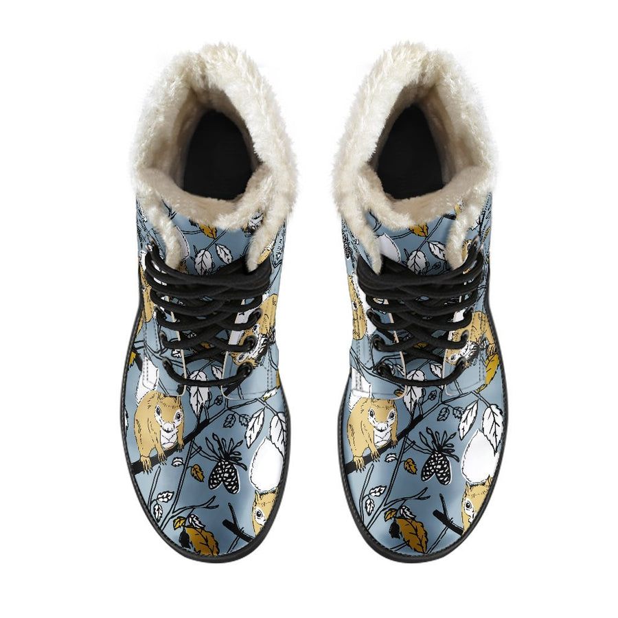 Little Squirrel, Vintage Cartoon Print Comfy Faux Fur Boots For Holiday Season
