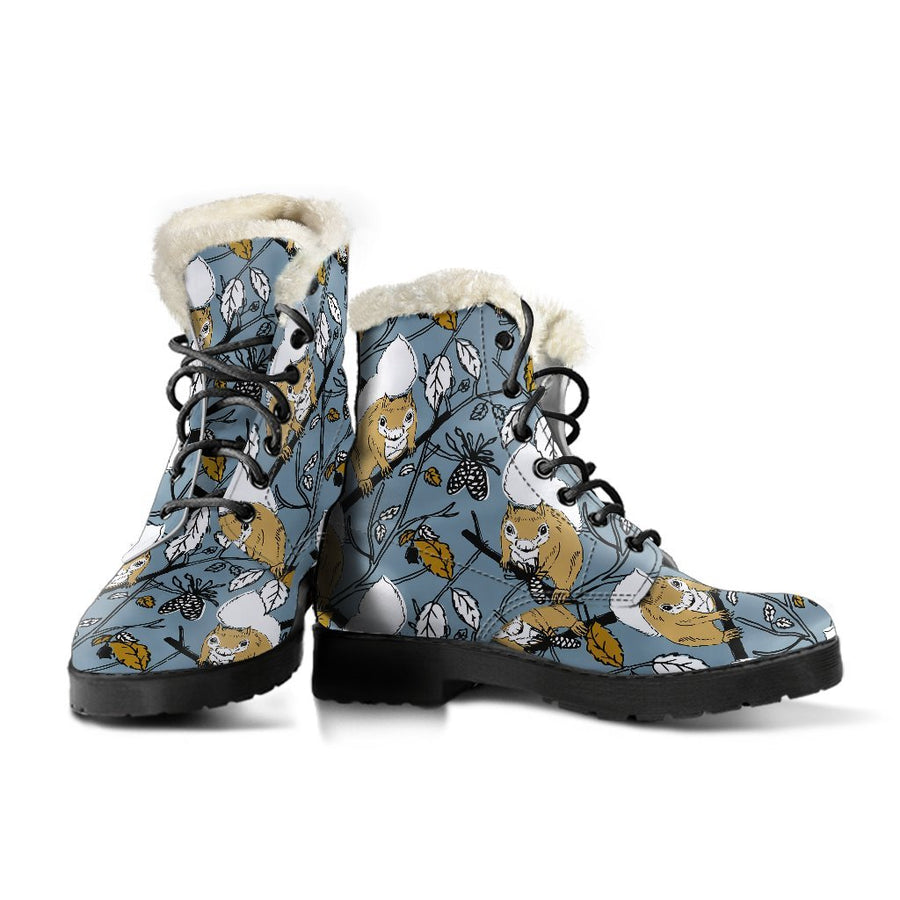 Little Squirrel, Vintage Cartoon Print Comfy Faux Fur Boots For Holiday Season