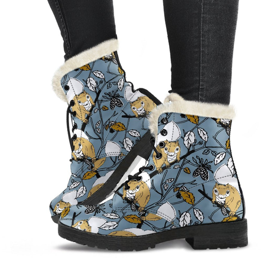 Little Squirrel, Vintage Cartoon Print Comfy Faux Fur Boots For Holiday Season