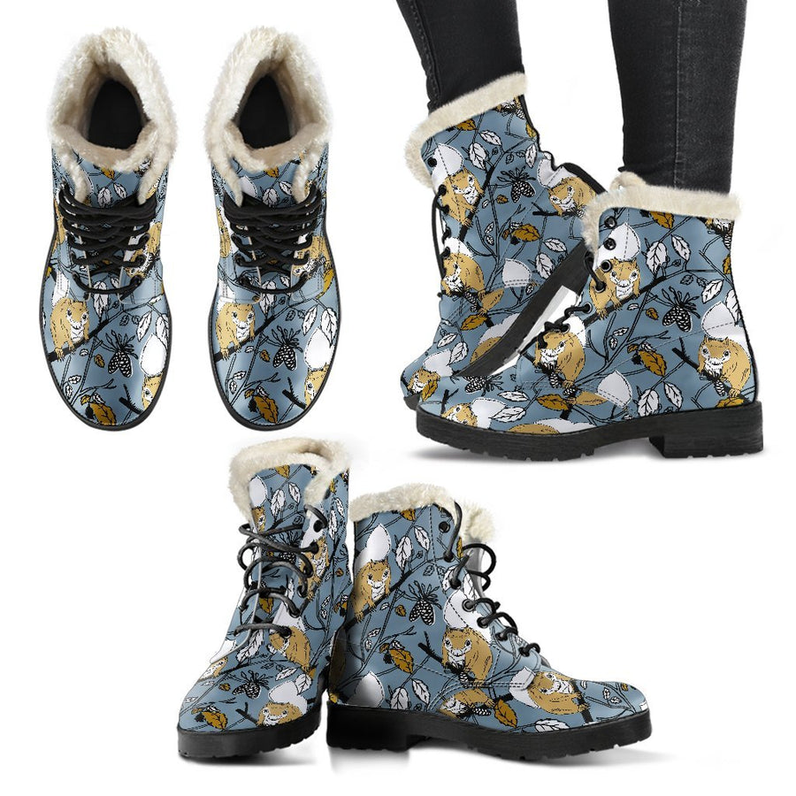 Little Squirrel, Vintage Cartoon Print Comfy Faux Fur Boots For Holiday Season