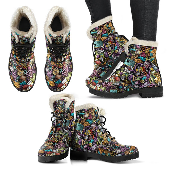 Psychedelic Classroom Print Comfy Faux Fur Boots For Winter Season