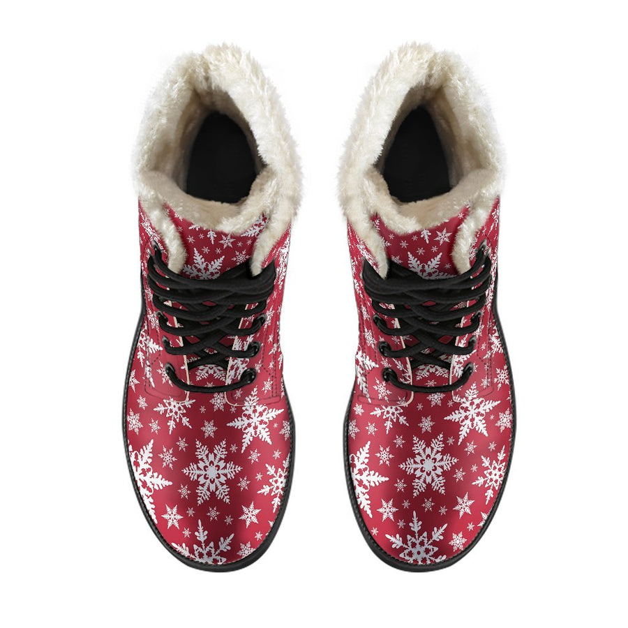 Red Snowflake, Vintage Vibes Print Comfy Faux Fur Boots For Holiday Season