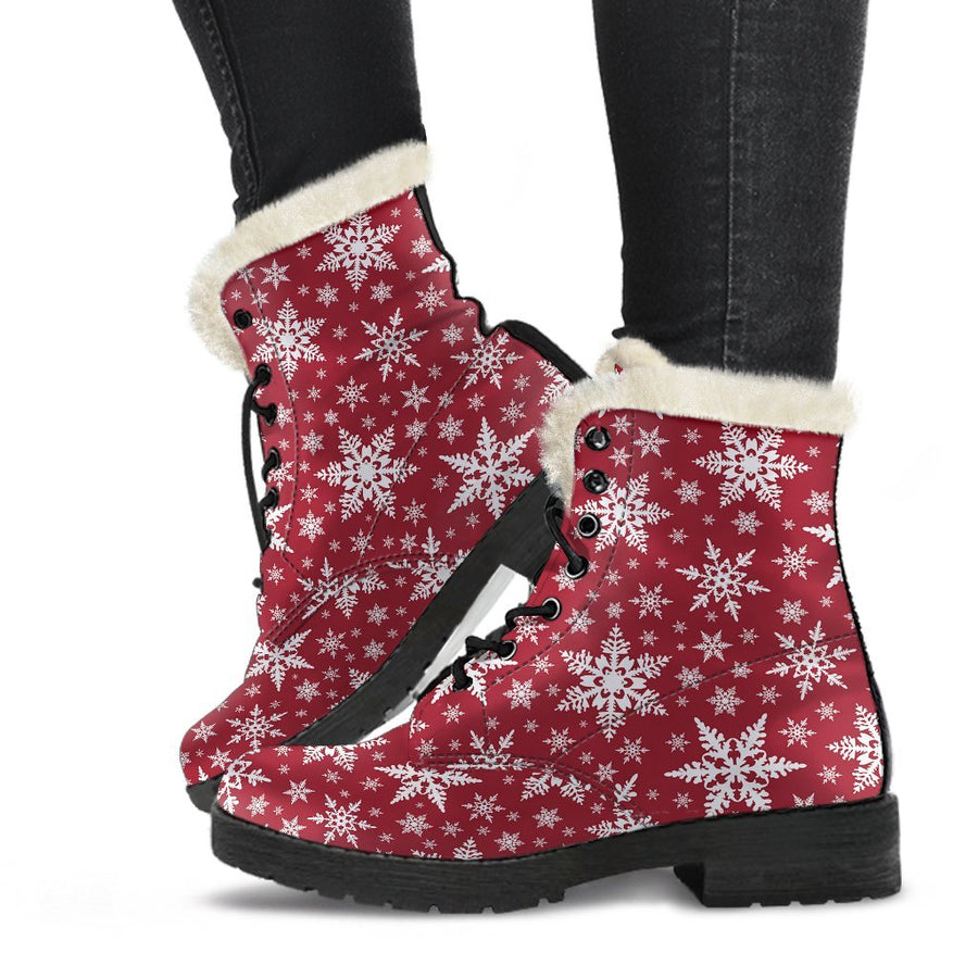 Red Snowflake, Vintage Vibes Print Comfy Faux Fur Boots For Holiday Season