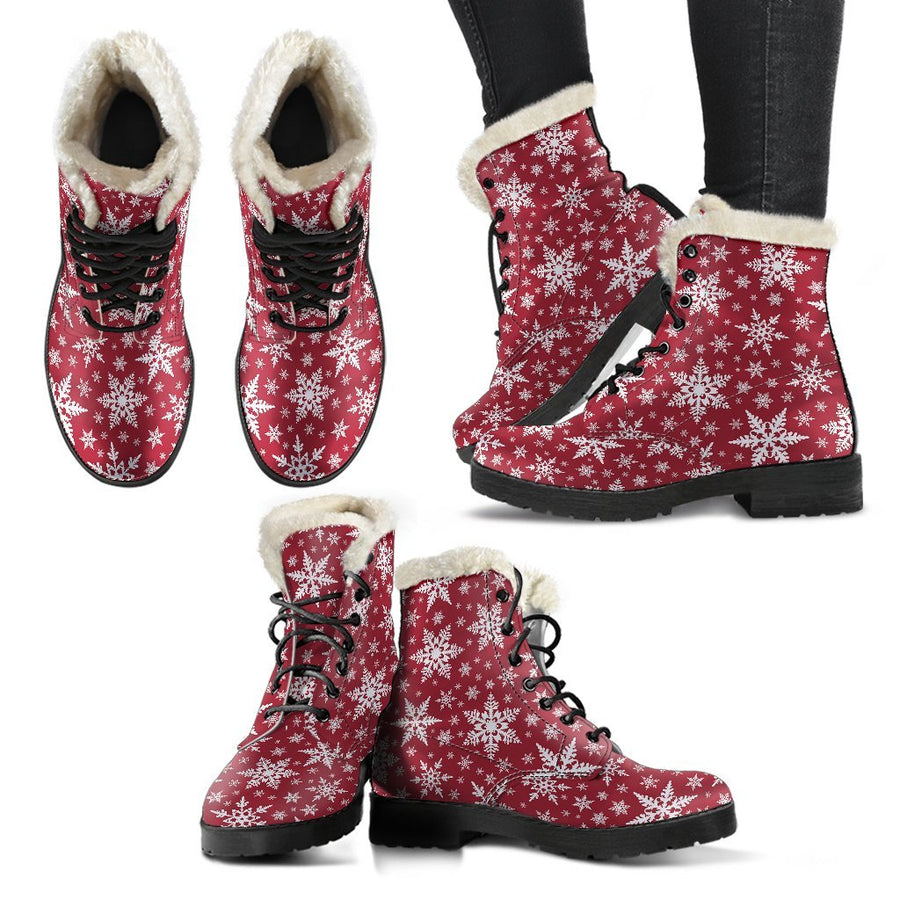 Red Snowflake, Vintage Vibes Print Comfy Faux Fur Boots For Holiday Season