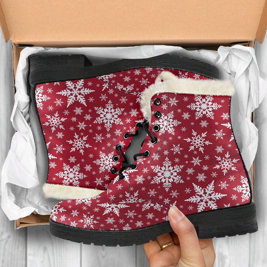 Red Snowflake, Vintage Vibes Print Comfy Faux Fur Boots For Holiday Season