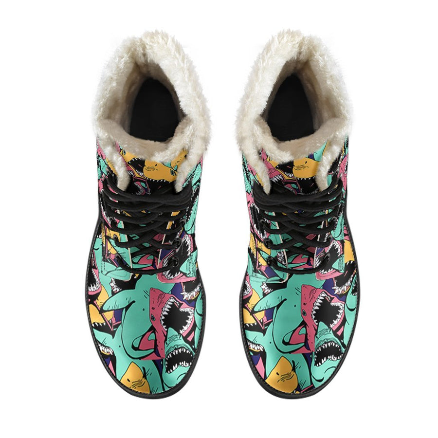 Emerald Blossoms - Angry Sharks, Vintage Vibes Print Comfy Faux Fur Boots For Holiday Season