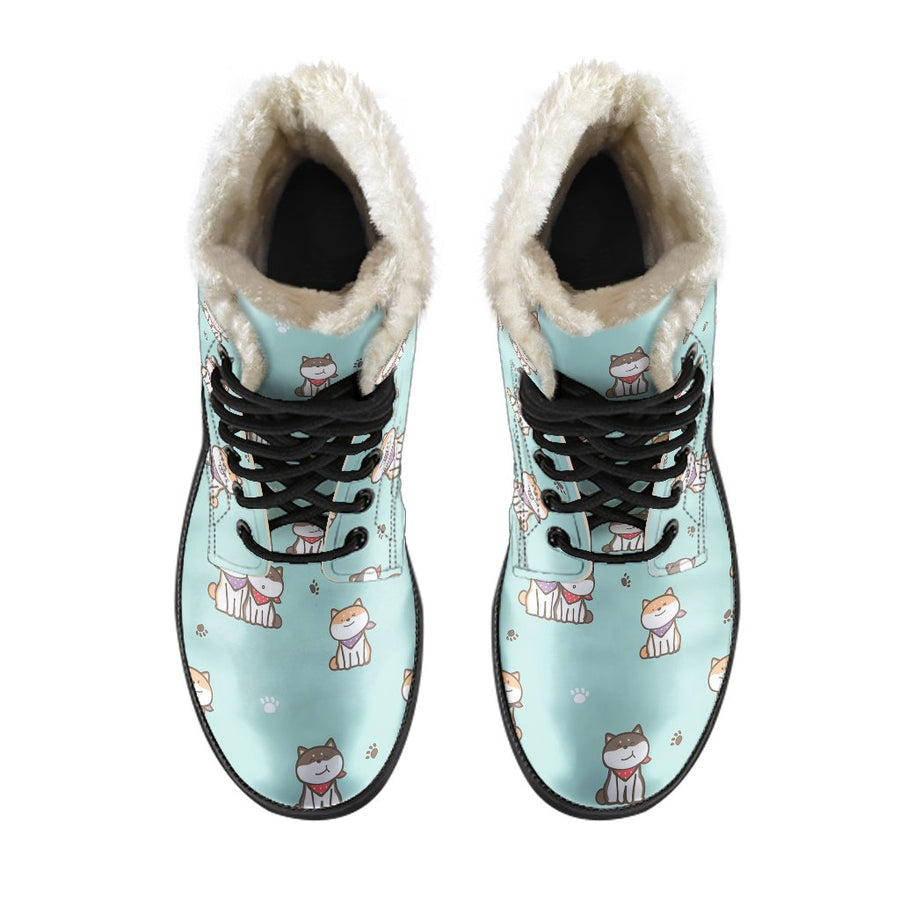 Shiba Inu Couple, Vintage Vibes Print Comfy Faux Fur Boots For Holiday Season