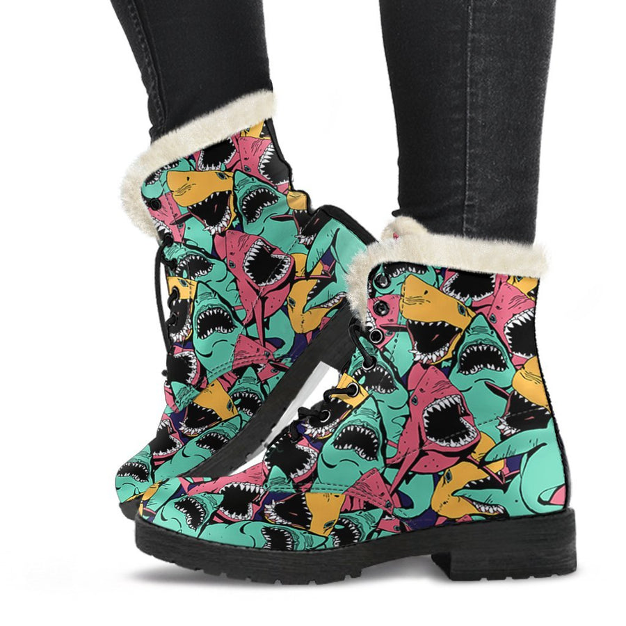 Angry Sharks, Vintage Vibes Print Comfy Faux Fur Boots For Holiday Season