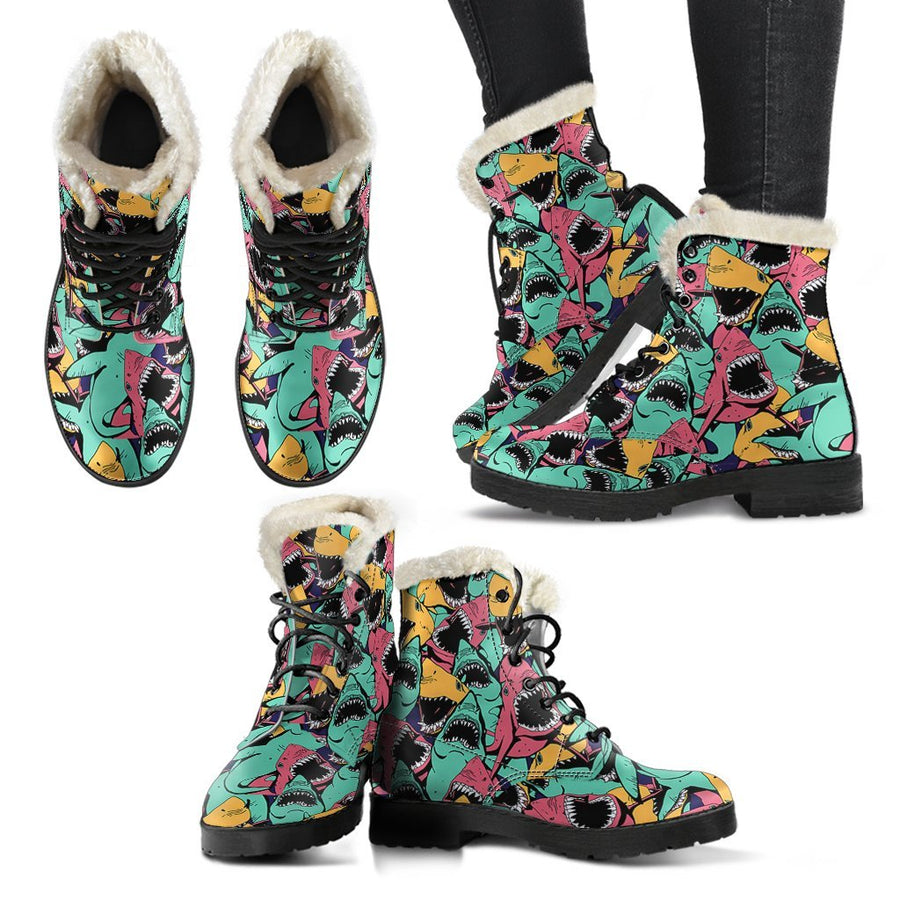 Angry Sharks, Vintage Vibes Print Comfy Faux Fur Boots For Holiday Season