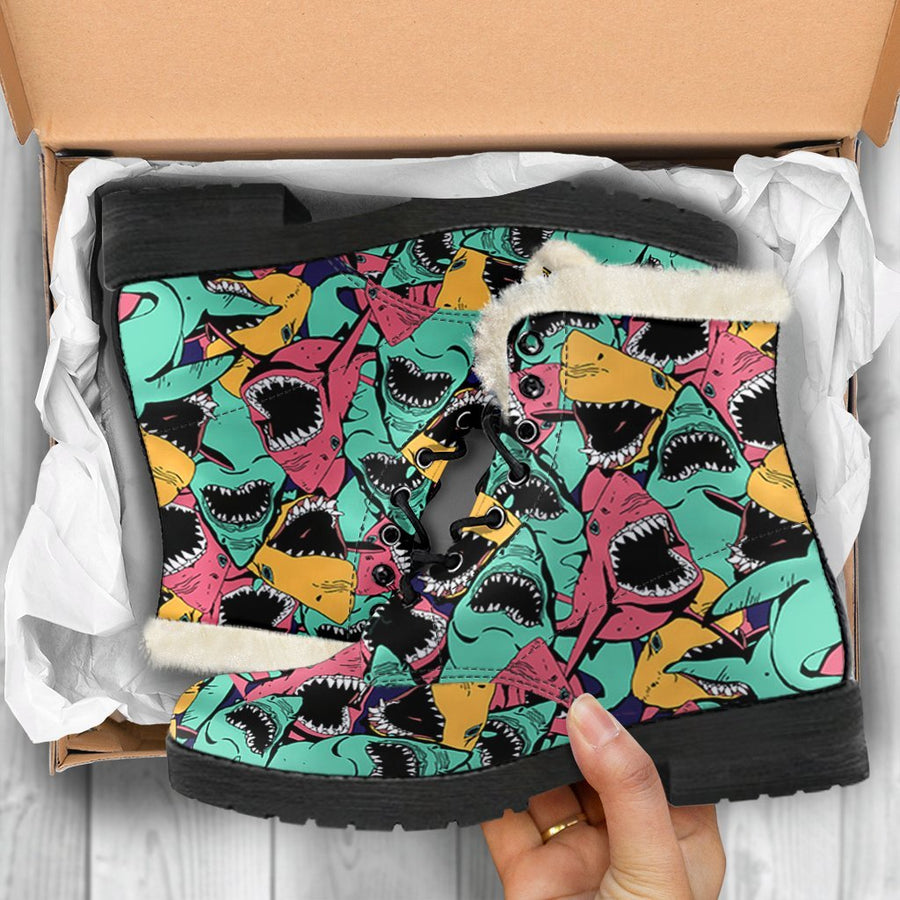 Angry Sharks, Vintage Vibes Print Comfy Faux Fur Boots For Holiday Season