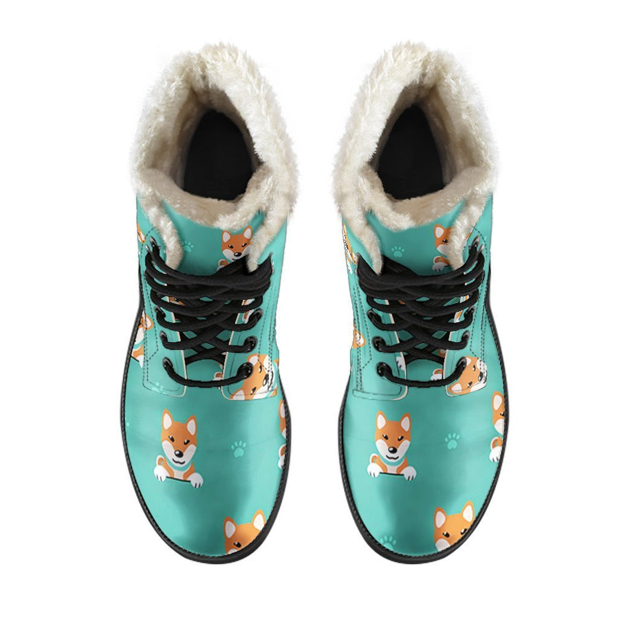 Shiba Inu Cute Dog, Vintage Vibes Print Comfy Faux Fur Boots For Holiday Season