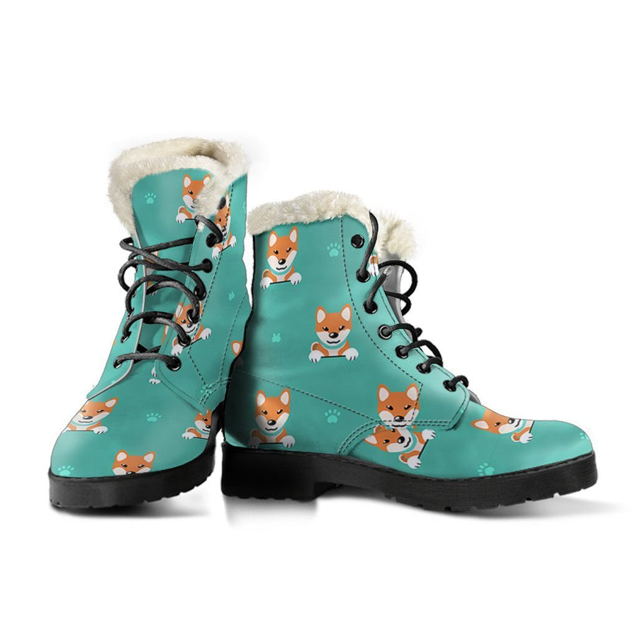 Shiba Inu Cute Dog, Vintage Vibes Print Comfy Faux Fur Boots For Holiday Season