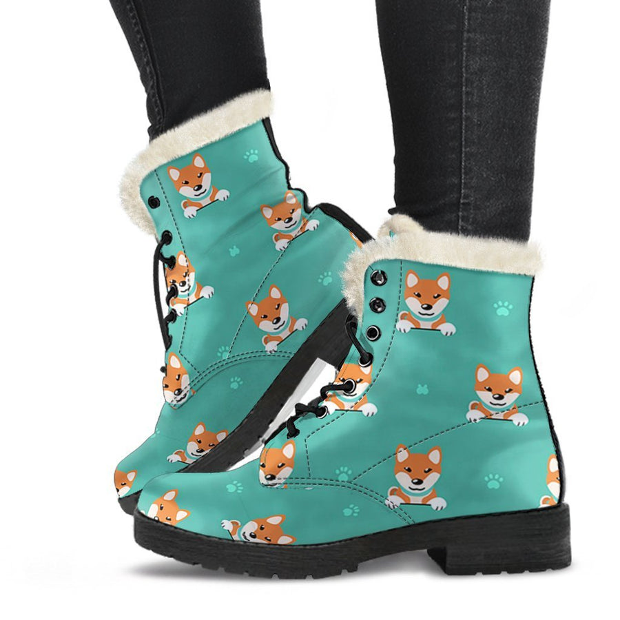Shiba Inu Cute Dog, Vintage Vibes Print Comfy Faux Fur Boots For Holiday Season