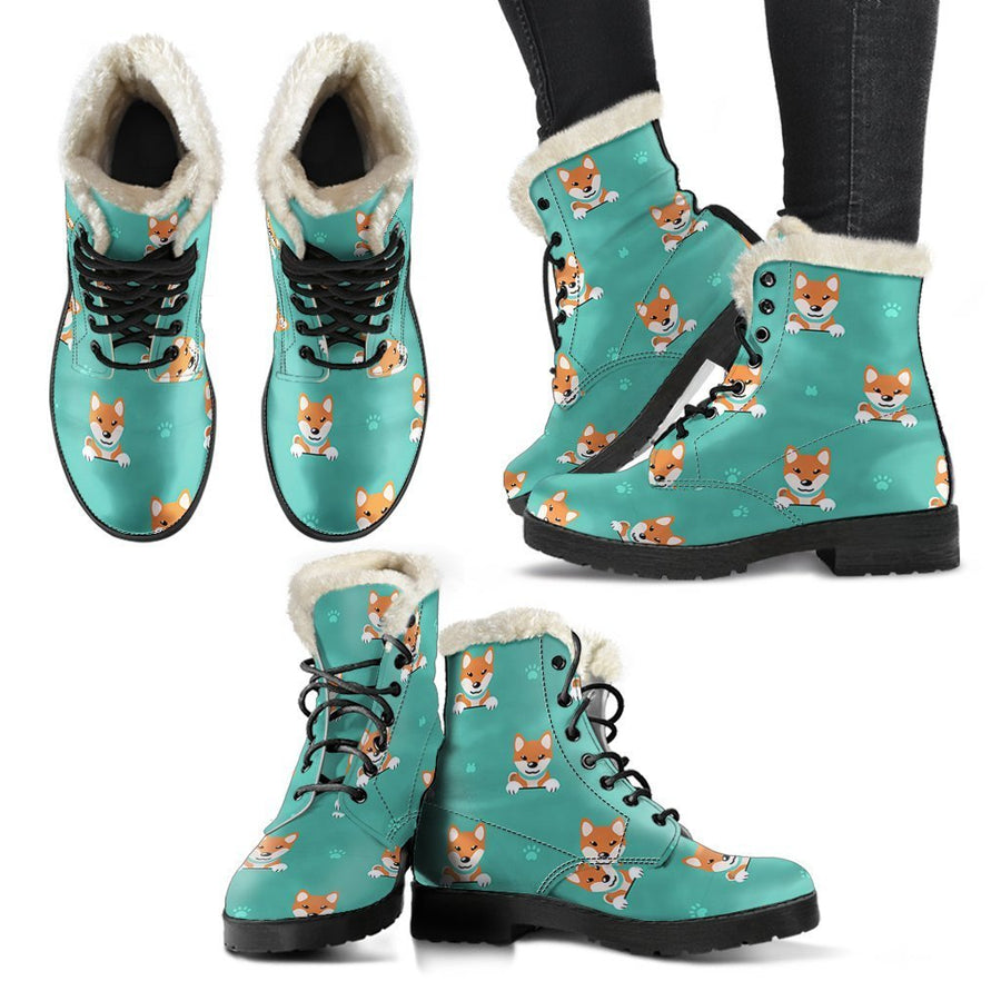 Shiba Inu Cute Dog, Vintage Vibes Print Comfy Faux Fur Boots For Holiday Season