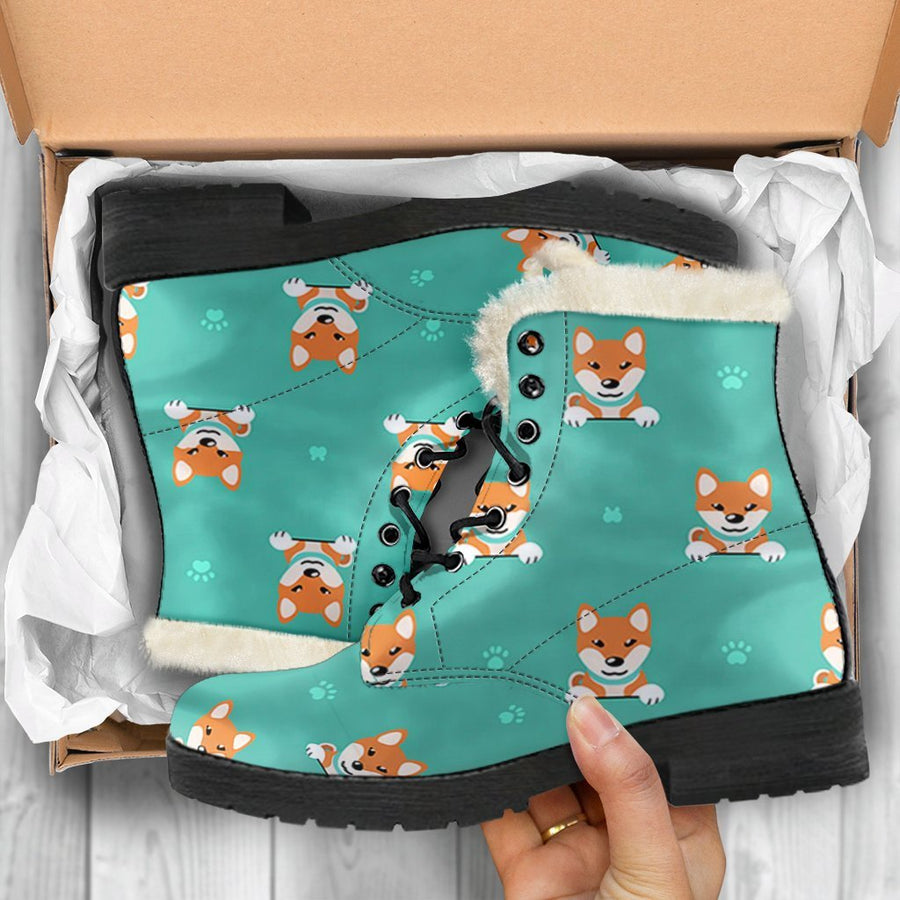 Shiba Inu Cute Dog, Vintage Vibes Print Comfy Faux Fur Boots For Holiday Season
