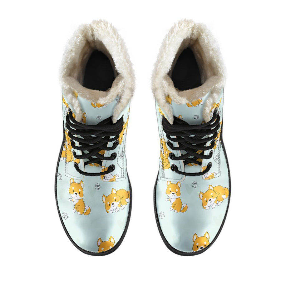 Shiba Inu Puppy, Vintage Vibes Print Comfy Faux Fur Boots For Holiday Season