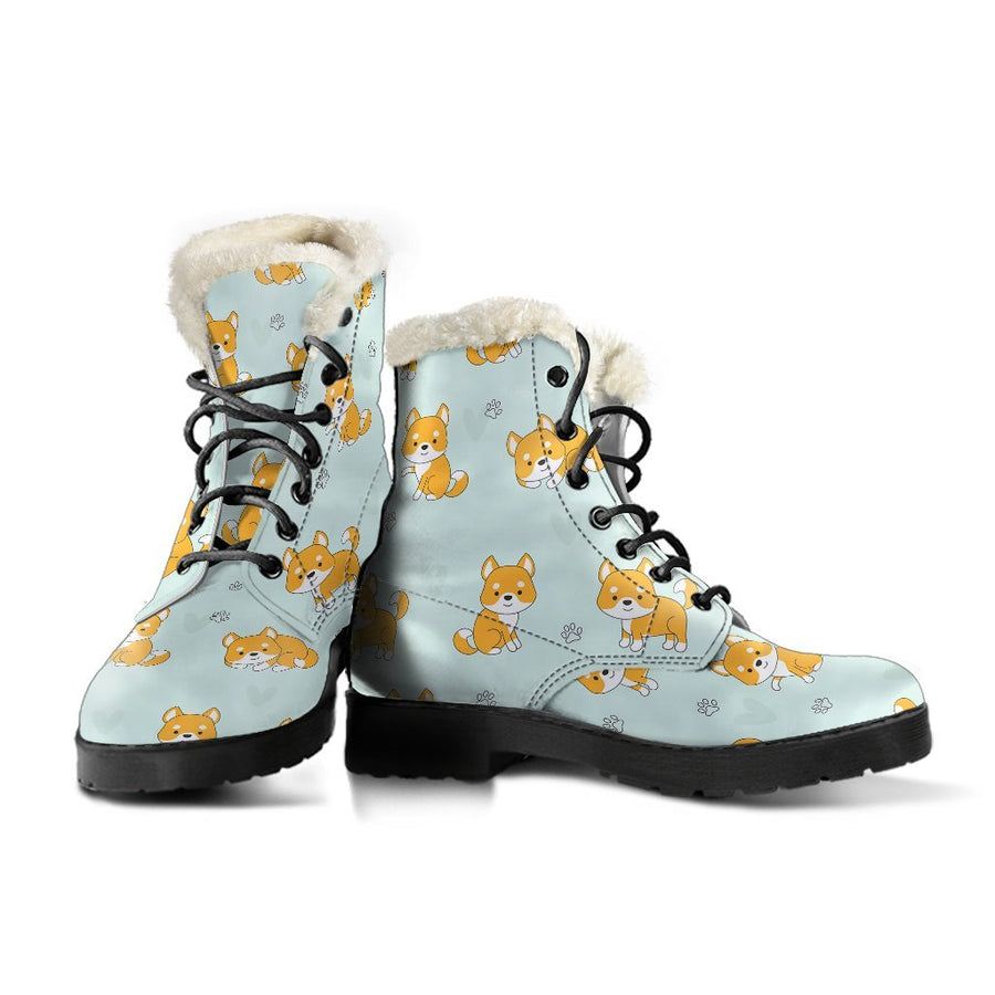 Shiba Inu Puppy, Vintage Vibes Print Comfy Faux Fur Boots For Holiday Season
