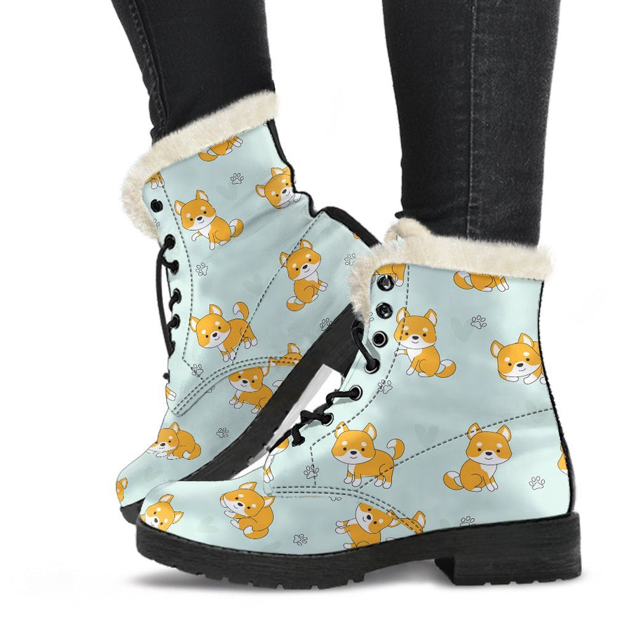 Shiba Inu Puppy, Vintage Vibes Print Comfy Faux Fur Boots For Holiday Season