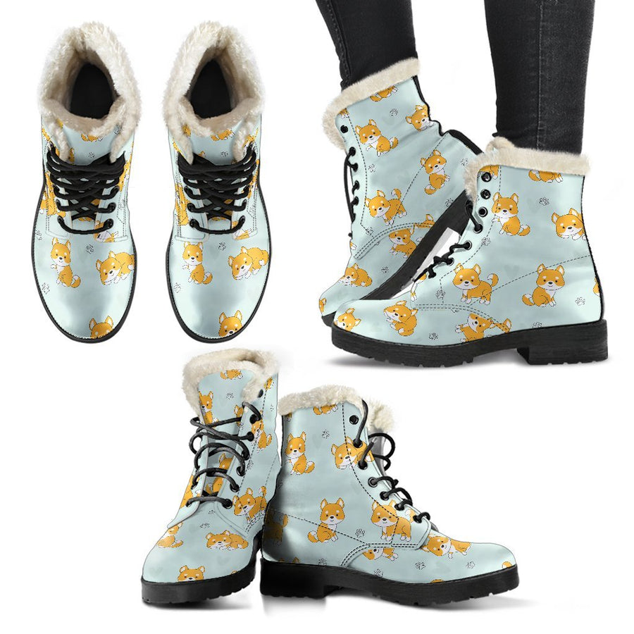 Shiba Inu Puppy, Vintage Vibes Print Comfy Faux Fur Boots For Holiday Season