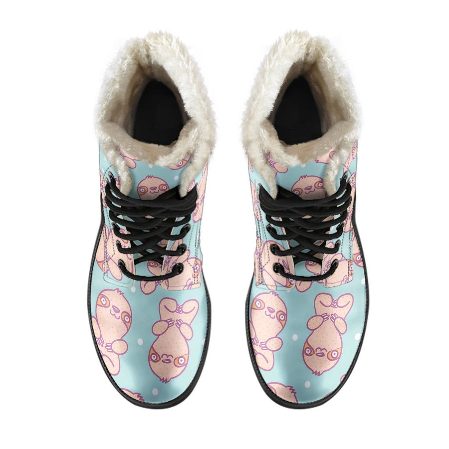Emerald Blossoms - Sloth In Pink, Vintage Vibes Print Comfy Faux Fur Boots For Holiday Season