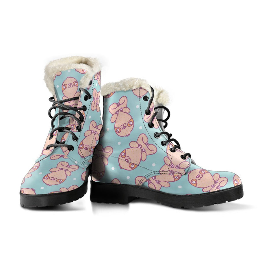 Emerald Blossoms - Sloth In Pink, Vintage Vibes Print Comfy Faux Fur Boots For Holiday Season