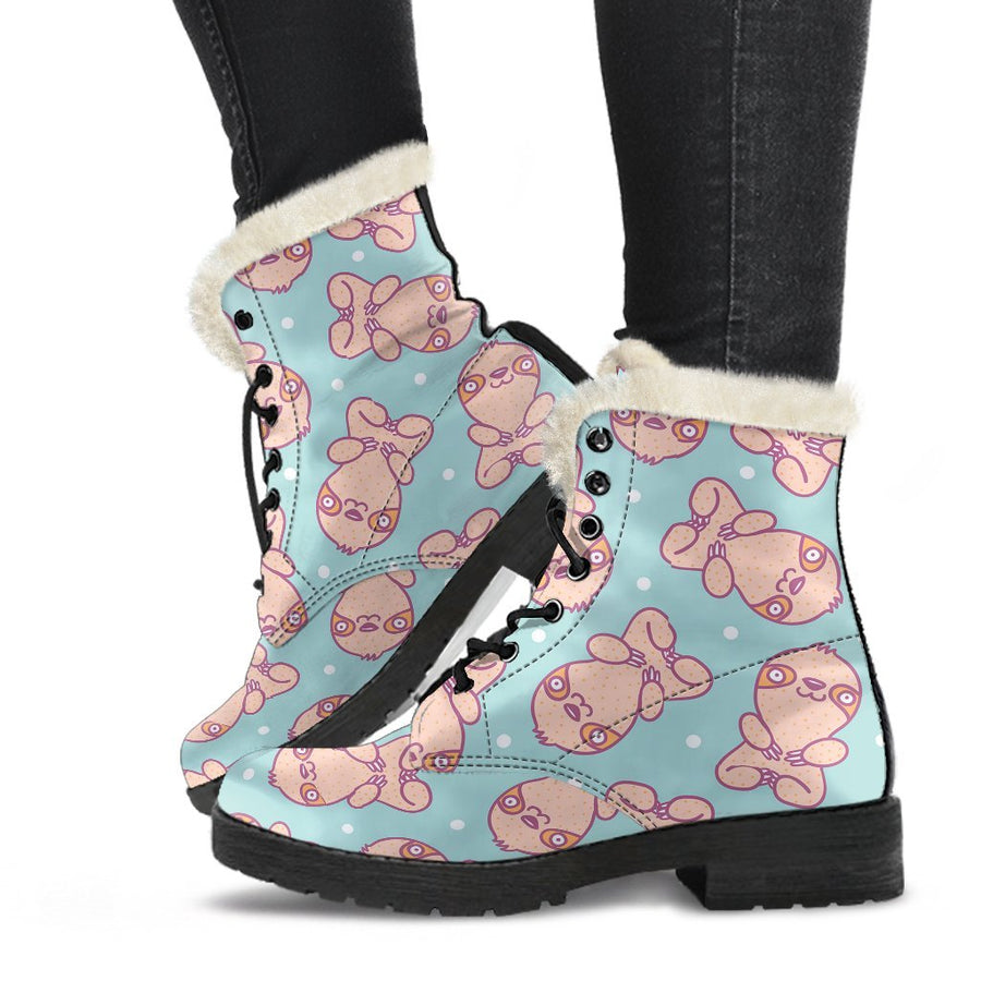 Emerald Blossoms - Sloth In Pink, Vintage Vibes Print Comfy Faux Fur Boots For Holiday Season
