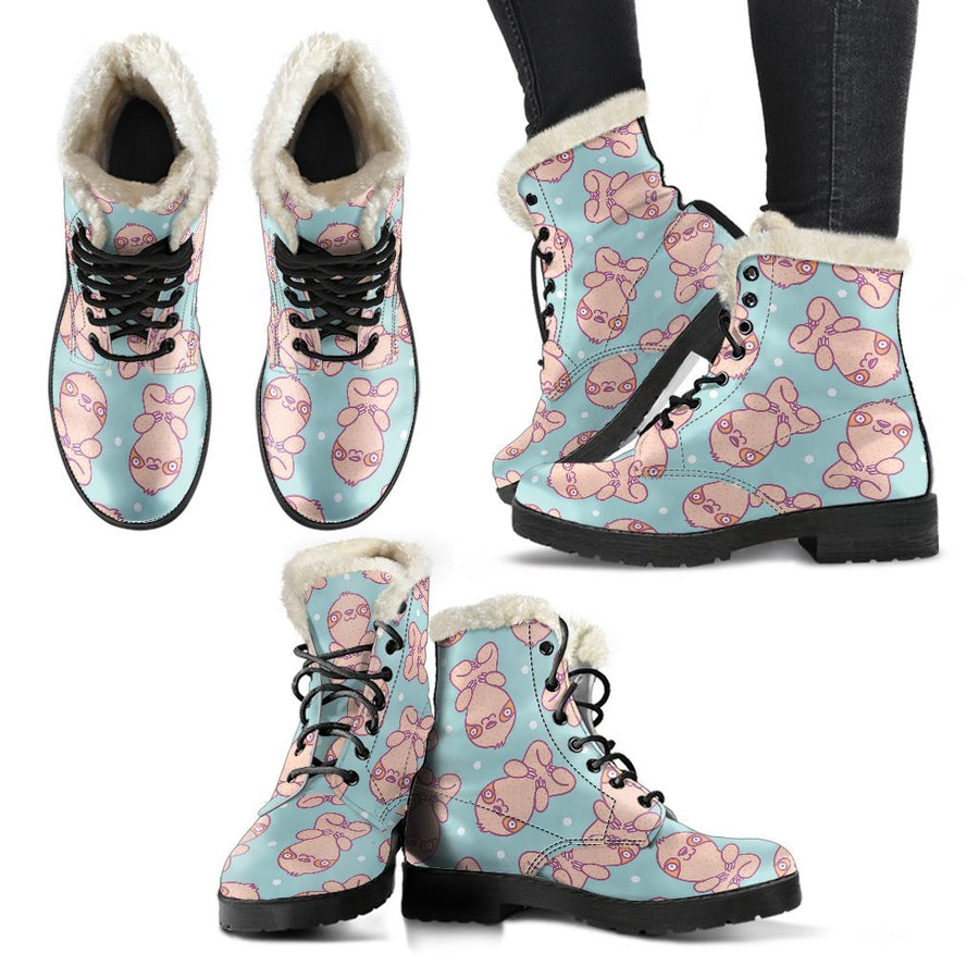 Emerald Blossoms - Sloth In Pink, Vintage Vibes Print Comfy Faux Fur Boots For Holiday Season
