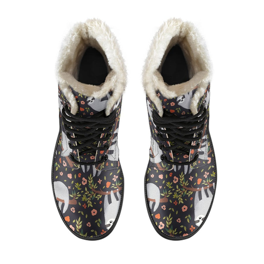 Sloth In The Wild, Vintage Vibes Print Comfy Faux Fur Boots For Holiday Season