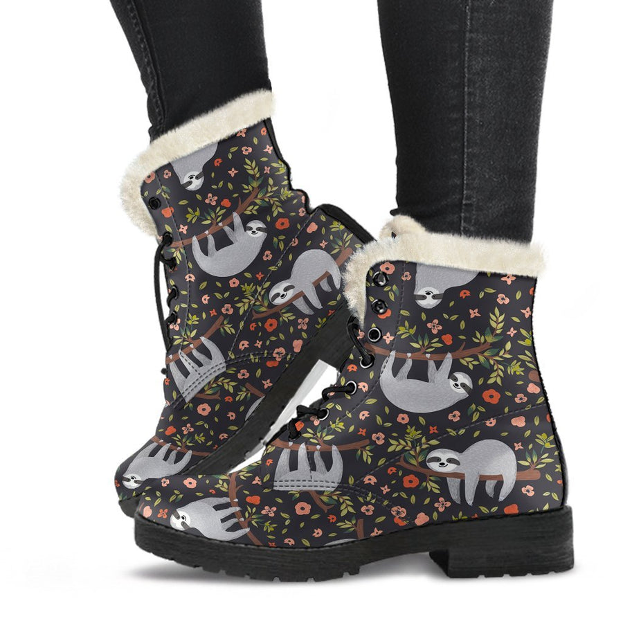 Sloth In The Wild, Vintage Vibes Print Comfy Faux Fur Boots For Holiday Season