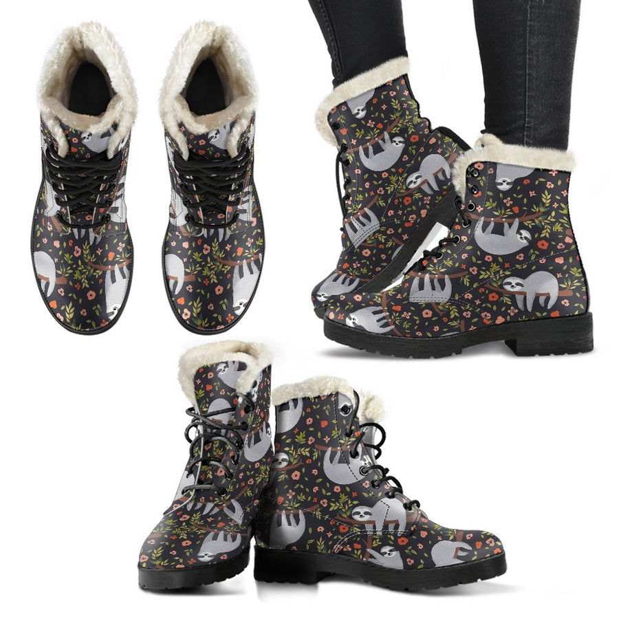 Sloth In The Wild, Vintage Vibes Print Comfy Faux Fur Boots For Holiday Season