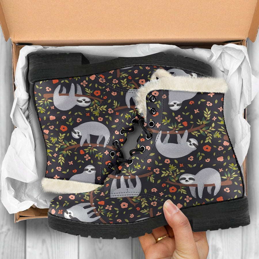Sloth In The Wild, Vintage Vibes Print Comfy Faux Fur Boots For Holiday Season
