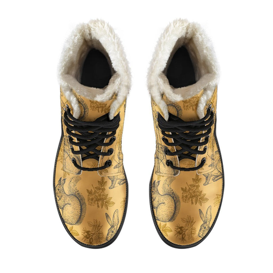 Squirrel And Rabbit Vintage Print Comfy Faux Fur Boots For Holiday Season