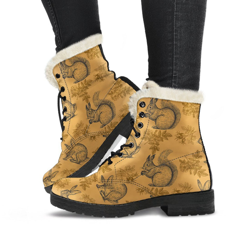 Squirrel And Rabbit Vintage Print Comfy Faux Fur Boots For Holiday Season