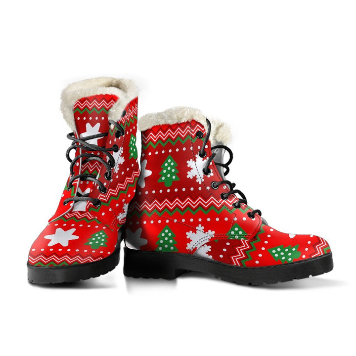 Vintage Christmas Pattern, Flower Power Print Comfy Faux Fur Boots For Winter Season