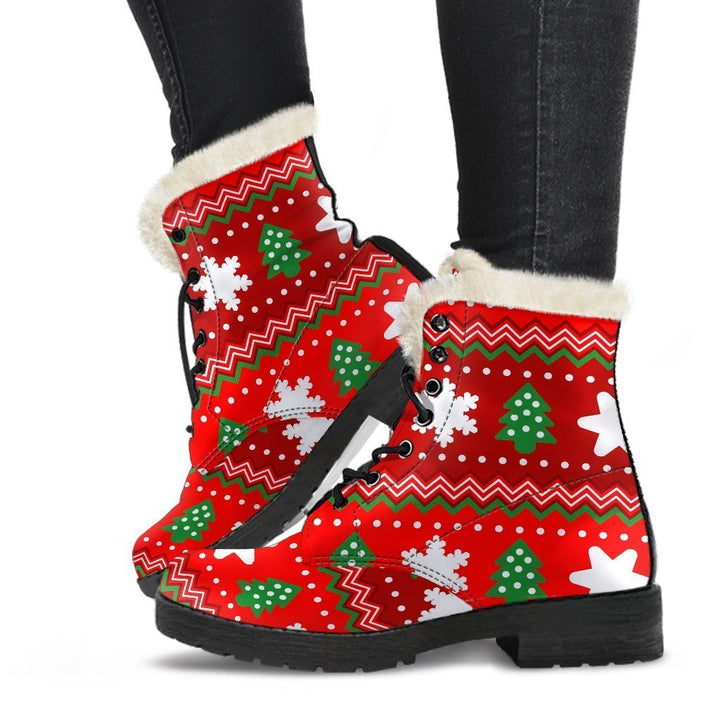 Vintage Christmas Pattern, Flower Power Print Comfy Faux Fur Boots For Winter Season