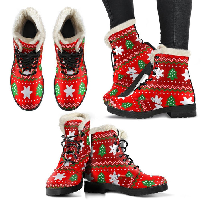 Vintage Christmas Pattern, Flower Power Print Comfy Faux Fur Boots For Winter Season
