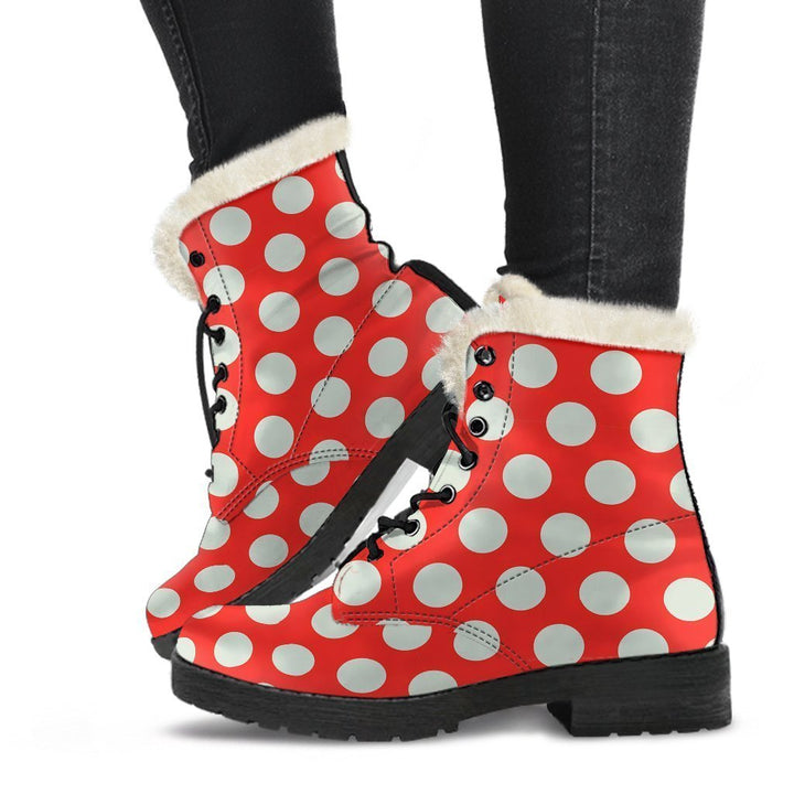 Vintage Red White Polka Dot Print Comfy Faux Fur Boots For Winter Season