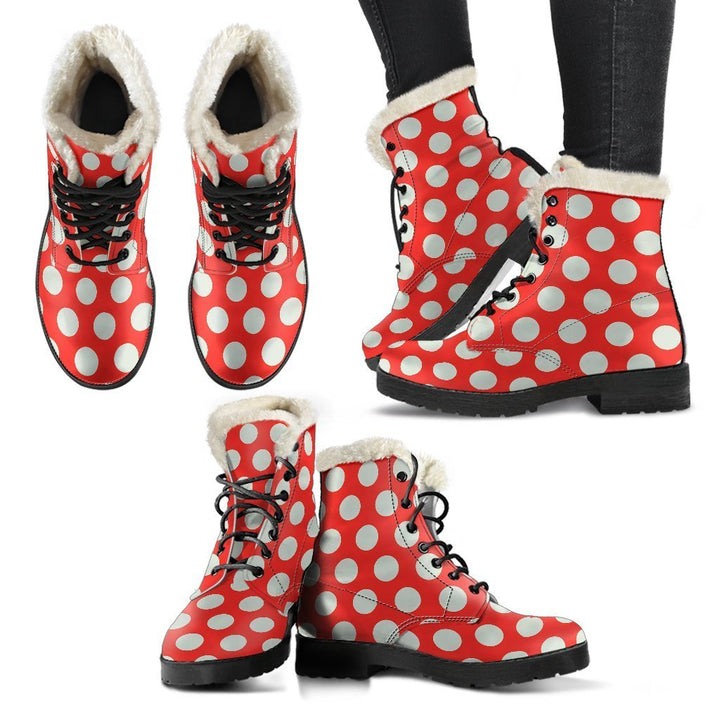 Vintage Red White Polka Dot Print Comfy Faux Fur Boots For Winter Season