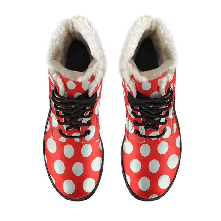 Vintage Red White Polka Dot Print Comfy Faux Fur Boots For Winter Season