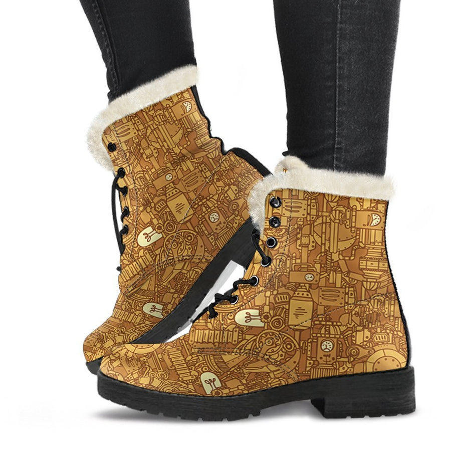 Vintage Steampunk Print Comfy Faux Fur Boots For Holiday Season