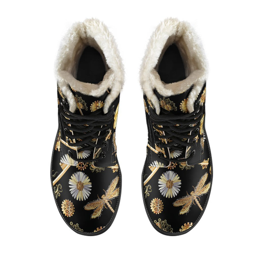 Vintage Steampunk, Golden Wonderland Print Comfy Faux Fur Boots For Holiday Season