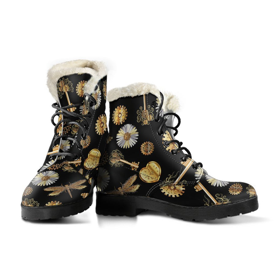 Vintage Steampunk, Golden Wonderland Print Comfy Faux Fur Boots For Holiday Season