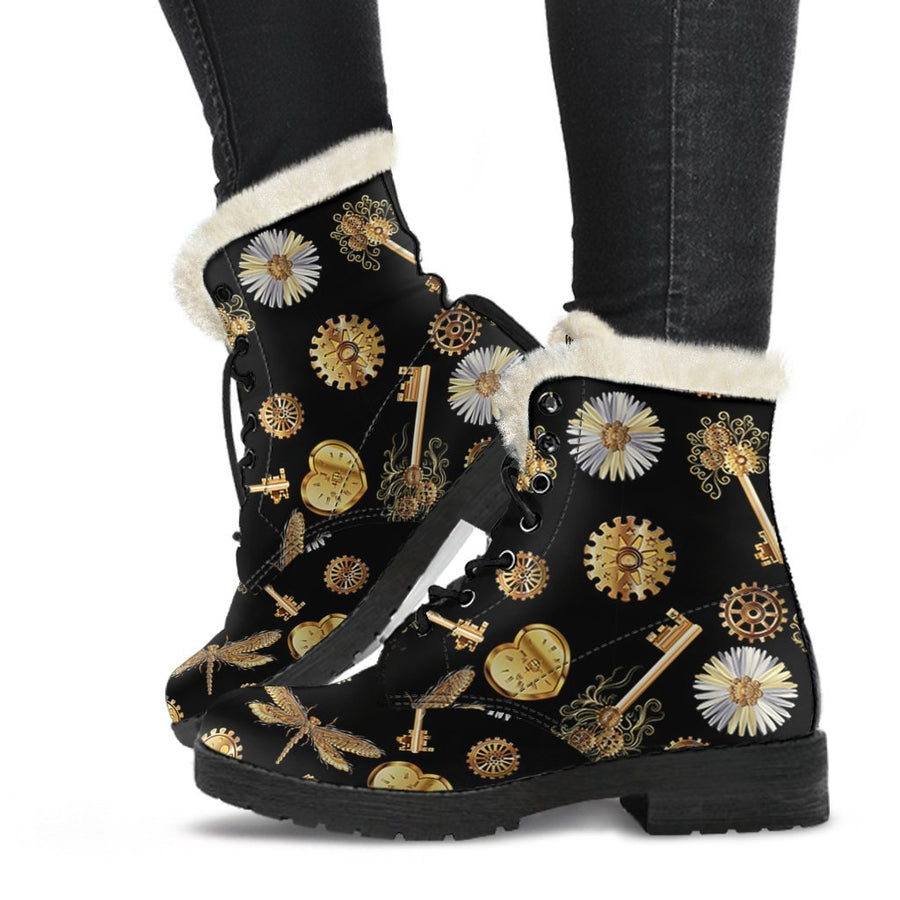 Vintage Steampunk, Golden Wonderland Print Comfy Faux Fur Boots For Holiday Season