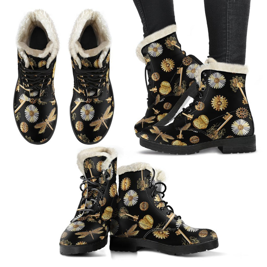 Vintage Steampunk, Golden Wonderland Print Comfy Faux Fur Boots For Holiday Season