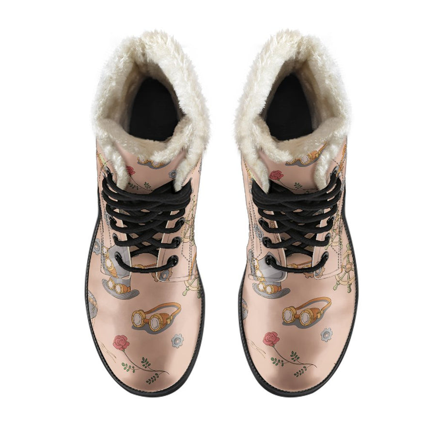 Vintage Steampunk, Pink Wonderland Print Comfy Faux Fur Boots For Holiday Season
